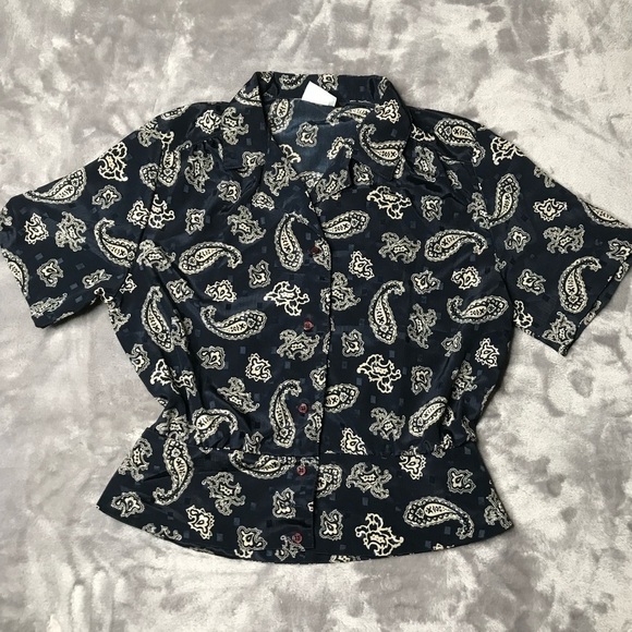 Russ Petites Vintage Navy Blue Paisley Button Up Short Sleeve Peplum Blouse - Picture 1 of 10
